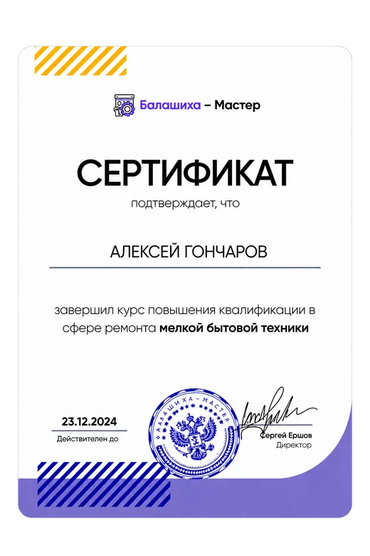 Сертификат мастера Алексей Гончаров